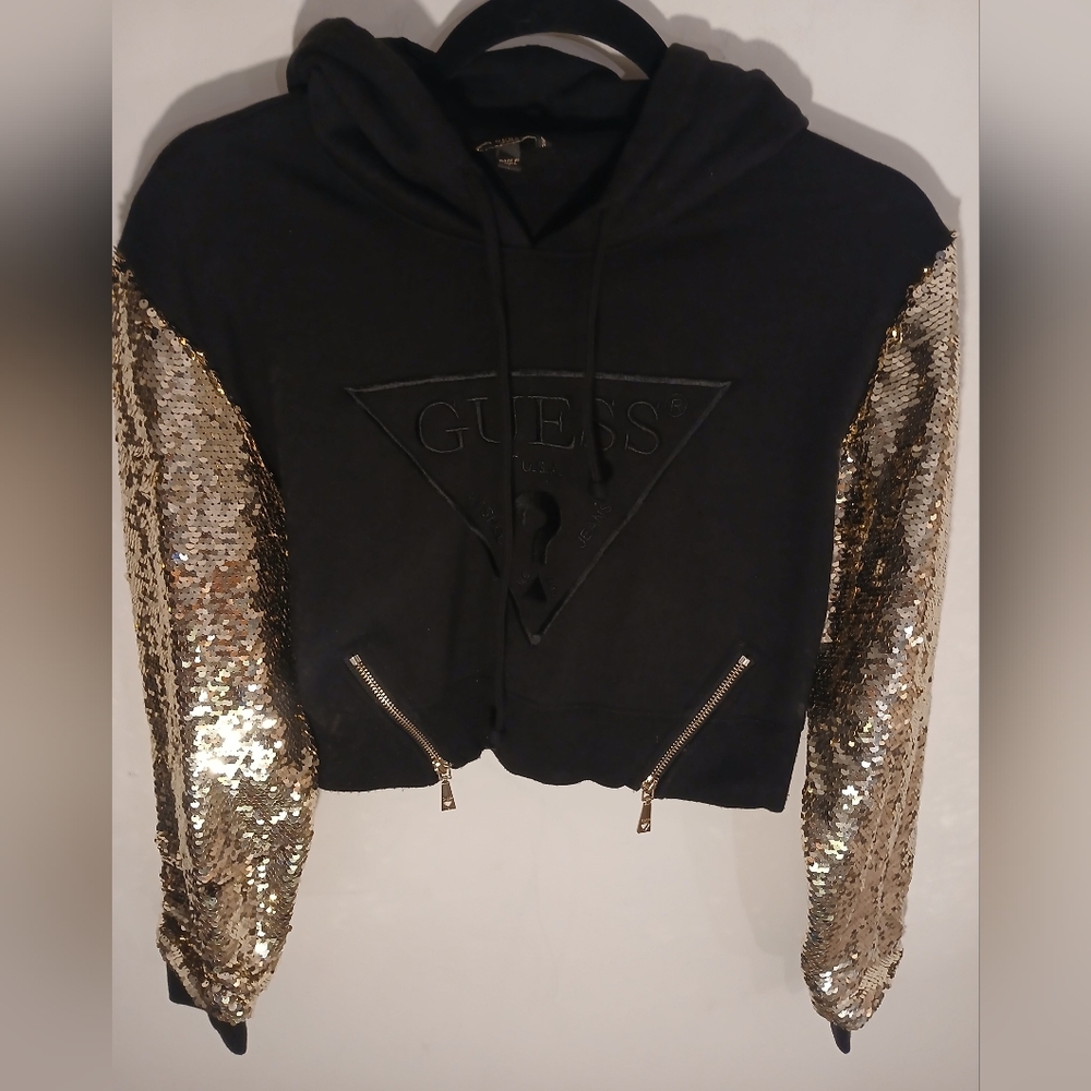 GUESS Black Cropped Hoodie with Gold Sequin Sleeves